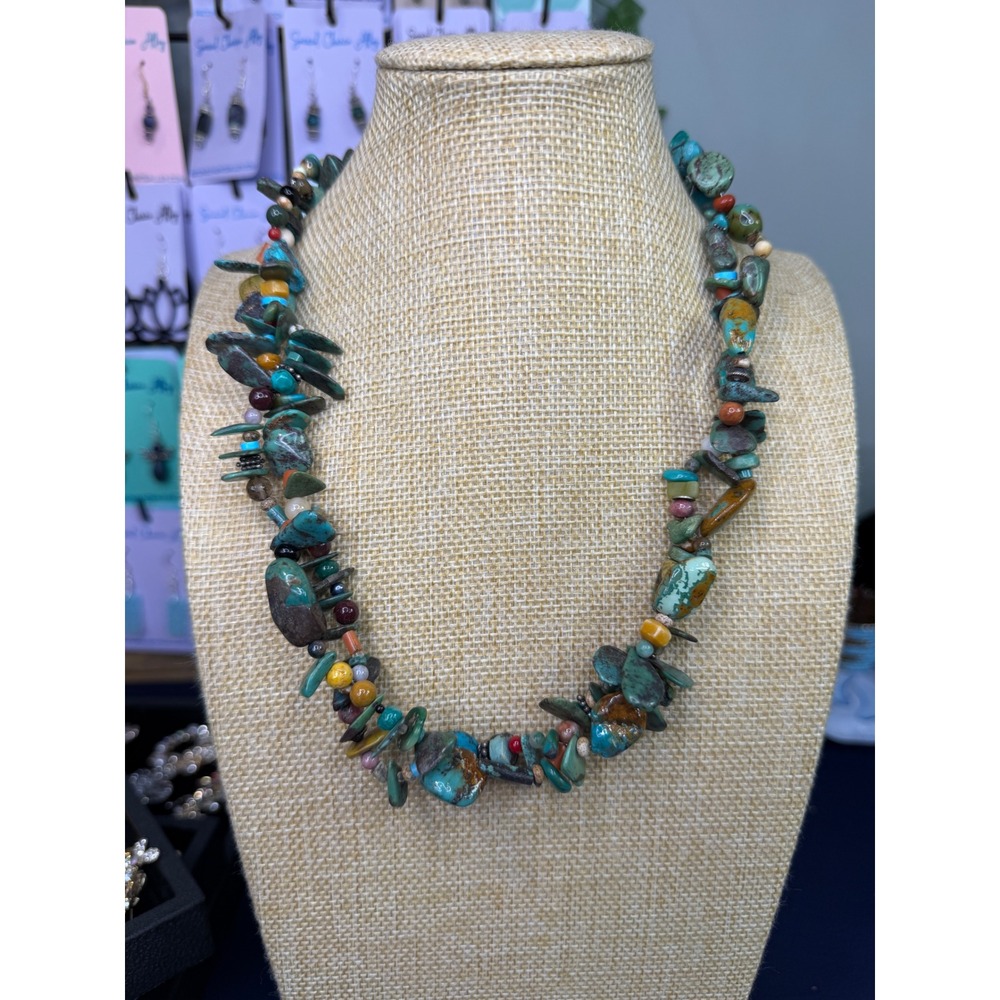 Turquoise Multi Stone Chunky Bead Statement Necklace Silver Tone Toggle Clasp